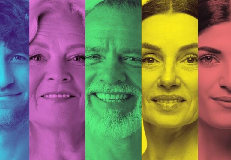 colorful collage smiling people of different ages in vertical panels.