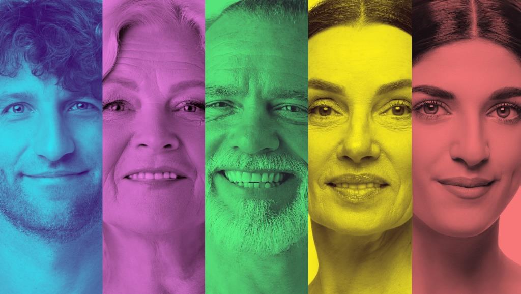 colorful collage smiling people of different ages in vertical panels.